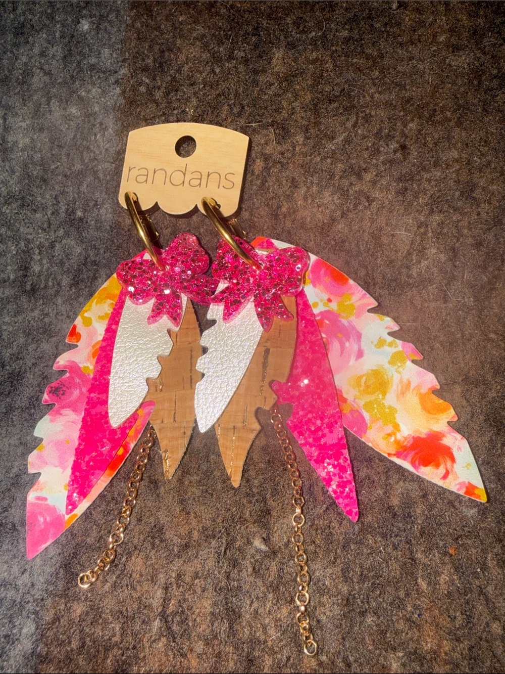 Randans Pink Floral Feather Drop Earrings with Gold Chains